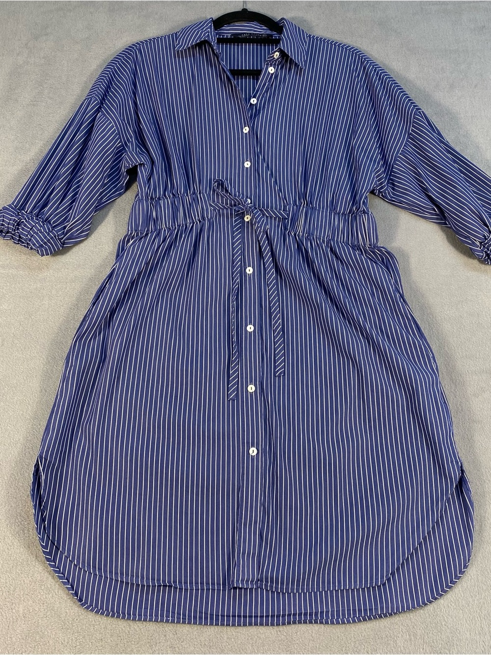 Zara women’s Blue & White Pinstripe Midi Shirt Dress with Drawstring Waist, S